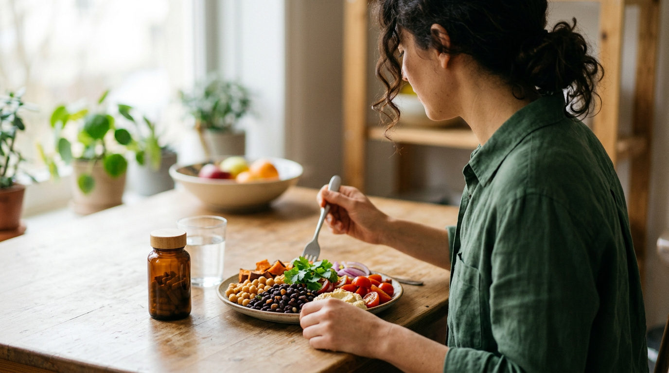 Frasco de suplemento de vitamina B12 junto a un plato de legumbres y verduras frescas
