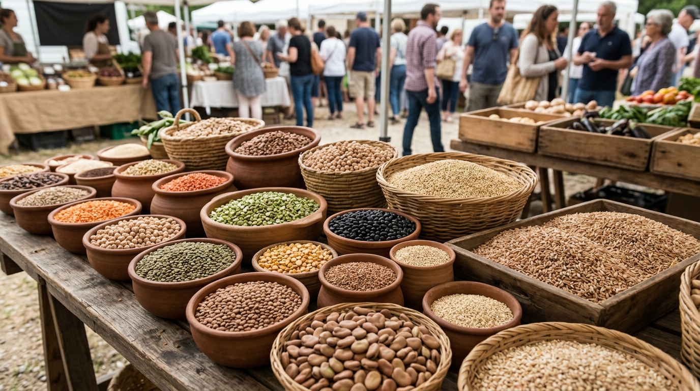 Assortiment de légumineuses, graines et céréales complètes sur un étal de marché