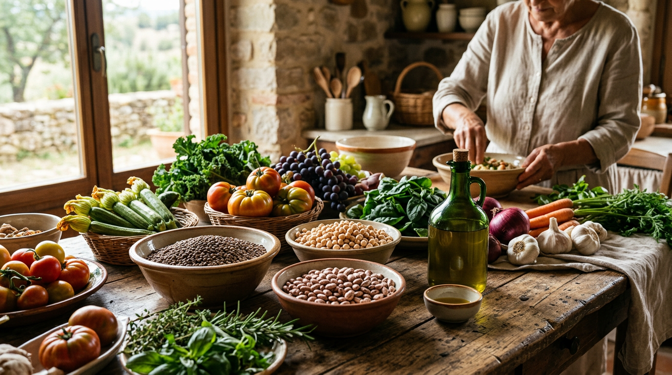 Varietà di legumi, verdure fresche mediterranee e olio extravergine di oliva su un tavolo rustico
