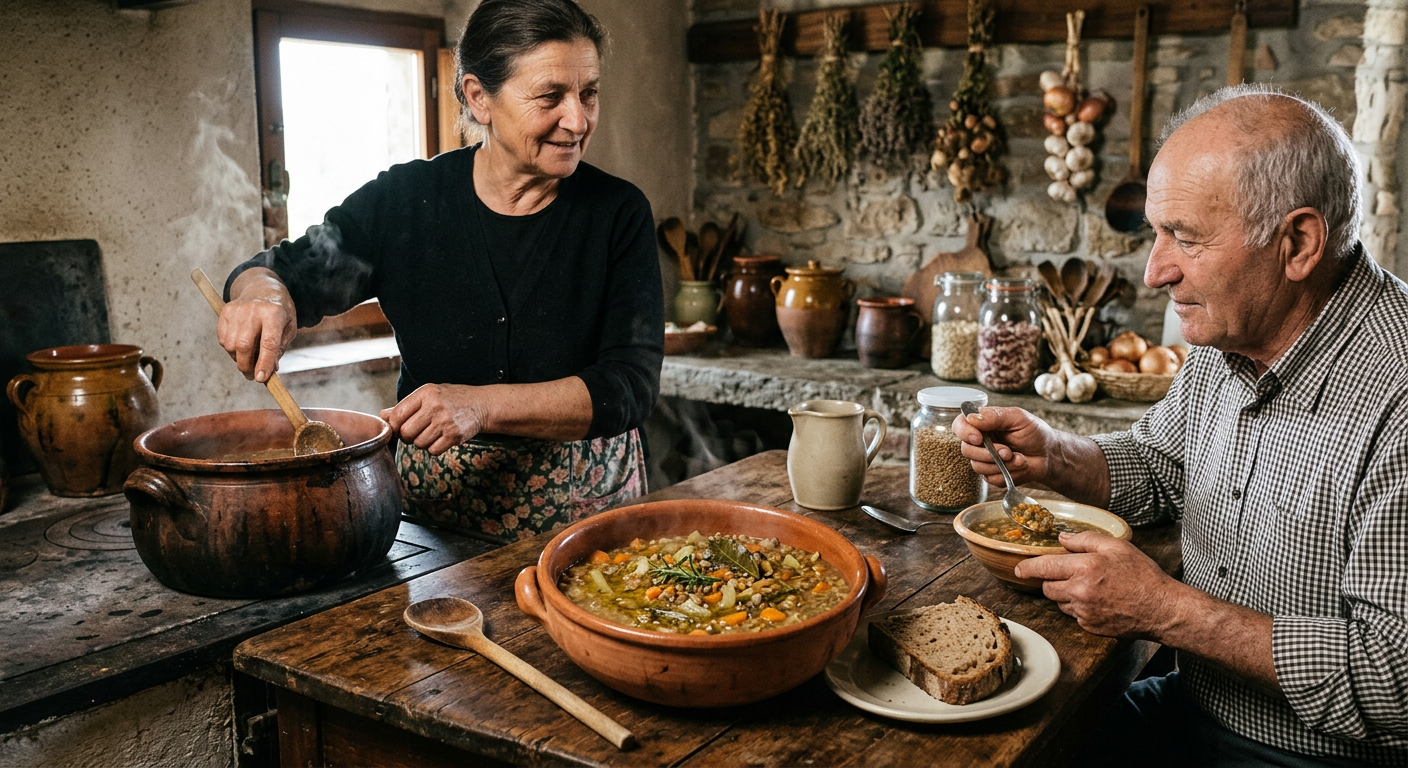 Zuppa tradizionale di lenticchie in terracotta: pilastro della storia gastronomica italiana povera e sostenibile.