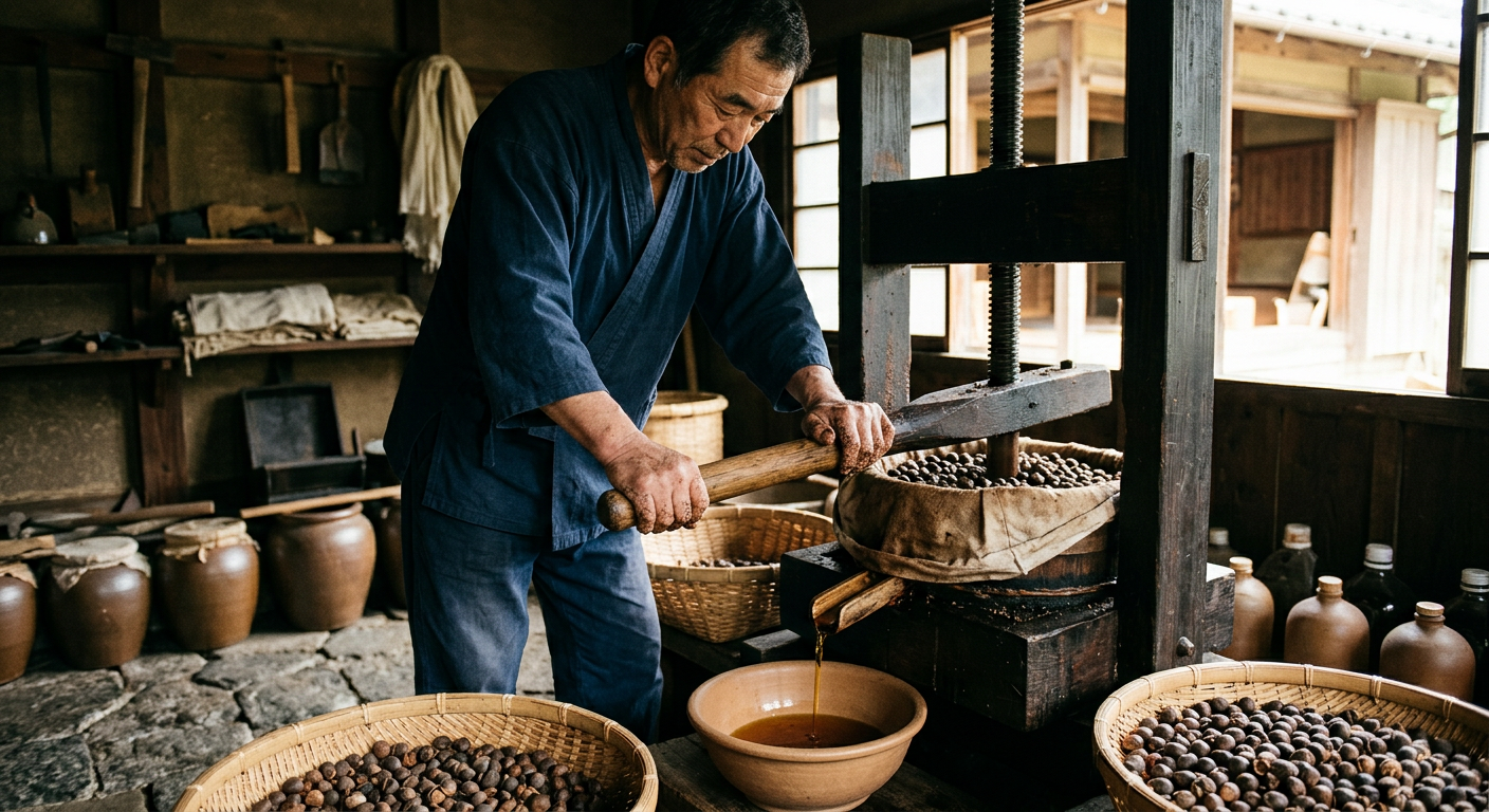 伝統的なツバキ種子の圧搾。植物性原料は持続可能な農業基盤と直結している。