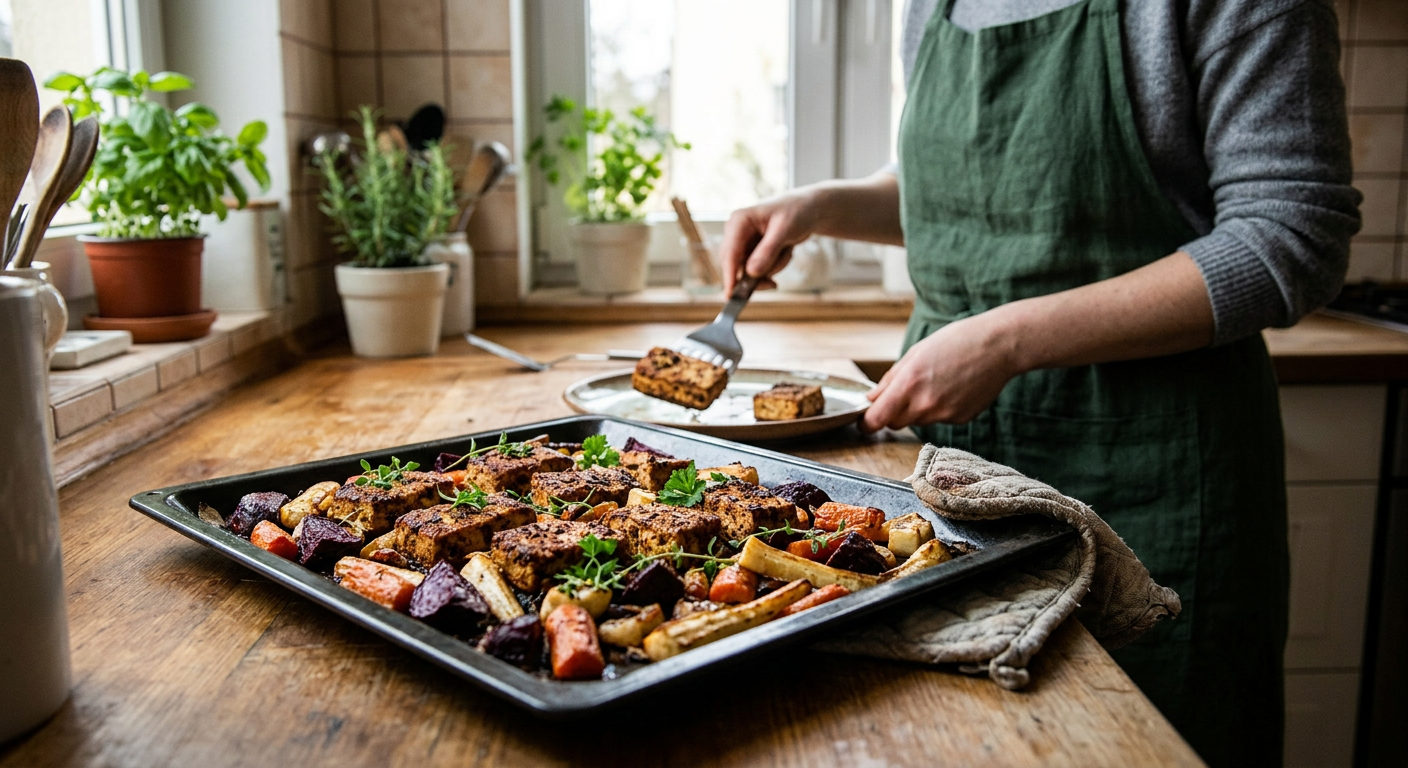 Pieczone tofu z polskimi warzywami korzeniowymi: marchewką, burakiem i pietruszką.