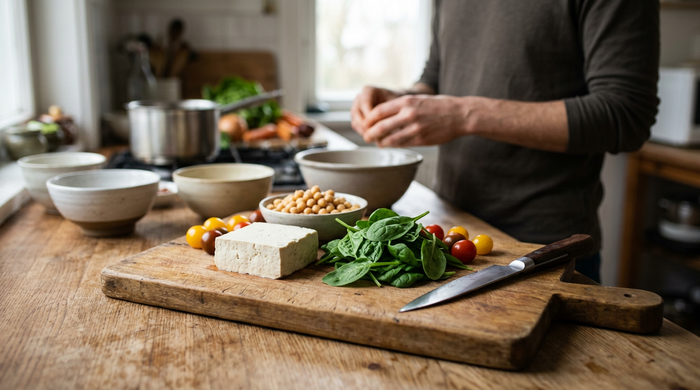Fresh block of firm tofu, chickpeas, baby spinach, and cherry tomatoes arranged on a rustic wooden cutting board.