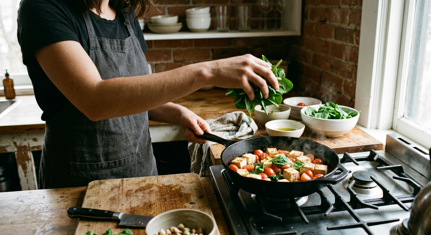 Minimal-prep vegetables like baby spinach and cherry tomatoes cook down in minutes alongside firm tofu.