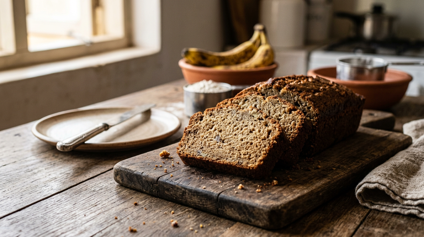 Gurasar vegan banana bread da aka yanka a kan teburi na katako