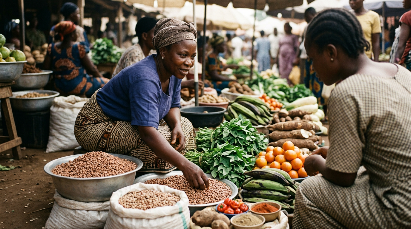 Ọjà tútù ní Nàìjíríà tí ó kún fún ẹ̀wà, ẹ̀fọ́ gbọ̀rọ̀, àti àwọn ohun àgbẹ̀