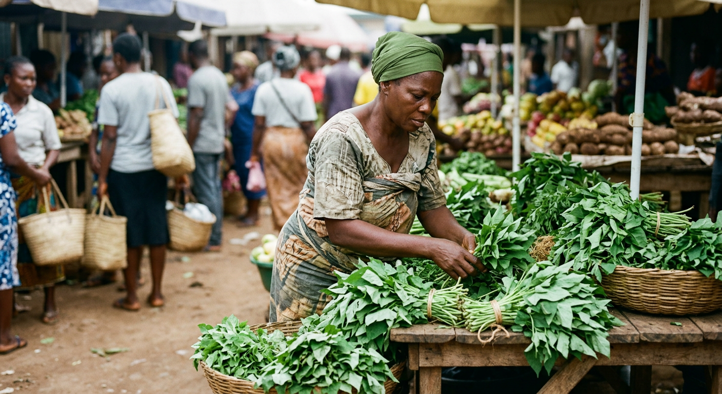 Àwọn ẹ̀fọ́ tútù bíi tẹ̀tẹ̀ àti sọkọ ní ọjà ilẹ̀ Yorùbá tí ó kún fún èròjà aṣaralóore.