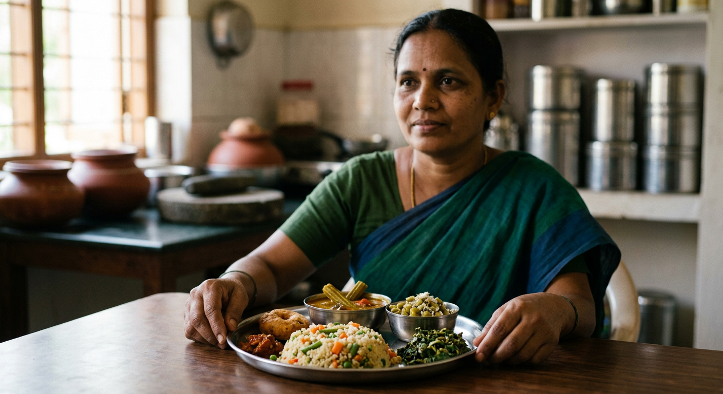 பாரம்பரிய தென்னிந்திய சிறுதானியங்கள், பருப்பு வகைகள் மற்றும் காய்கறிகள் அடங்கிய சத்தான உணவு தட்டு