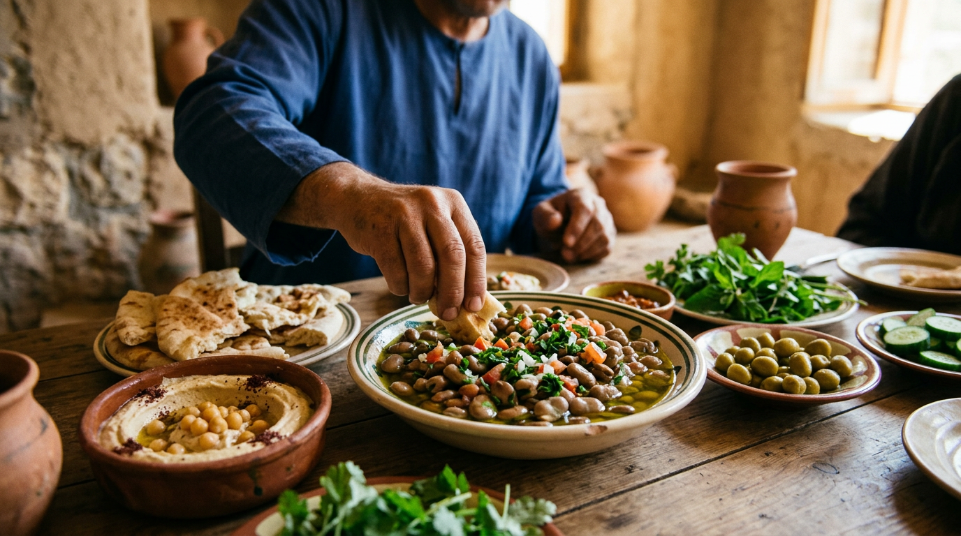 أطباق مائدة شرق أوسطية نباتية تضم الفول المدمس والحمص وزيت الزيتون والأعشاب الطازجة