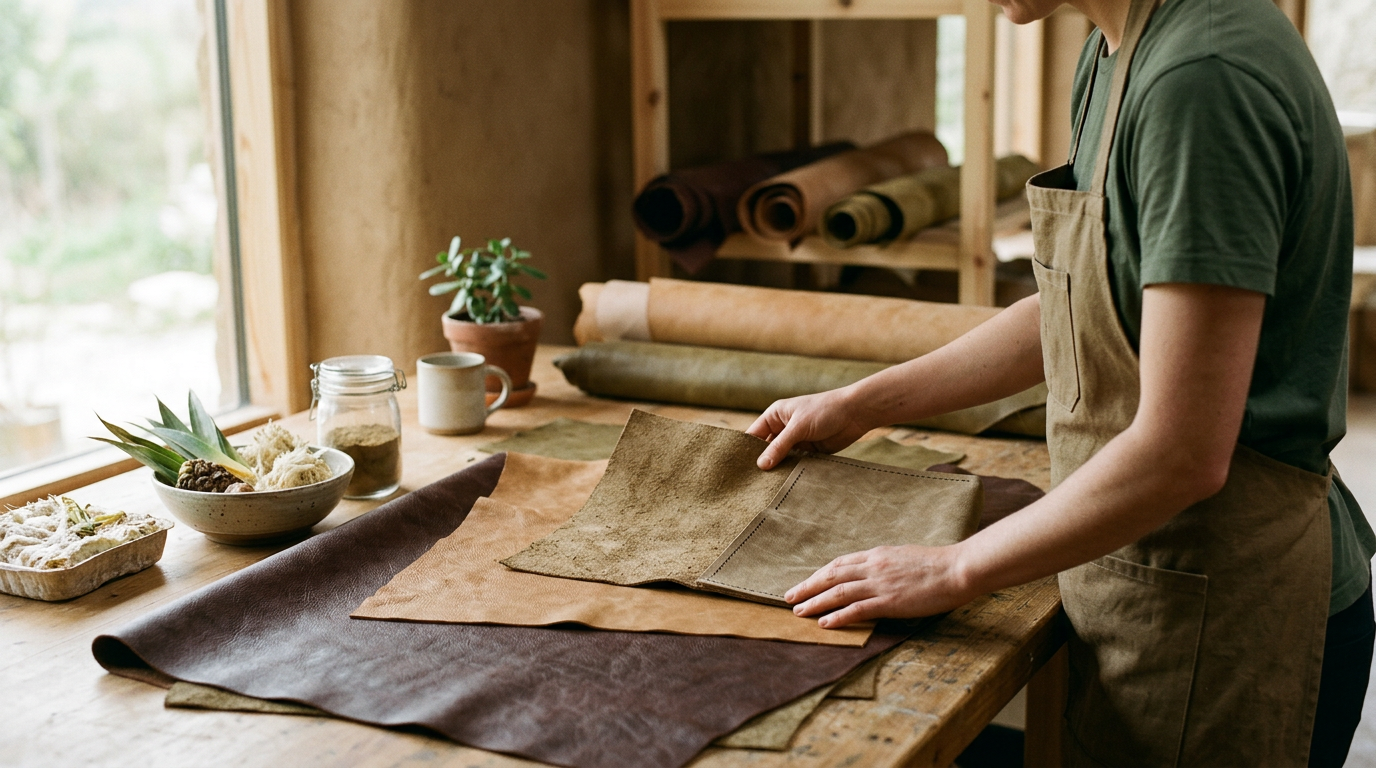 Bitkisel bazlı vegan deri kumaş örnekleri ve sürdürülebilir moda materyalleri
