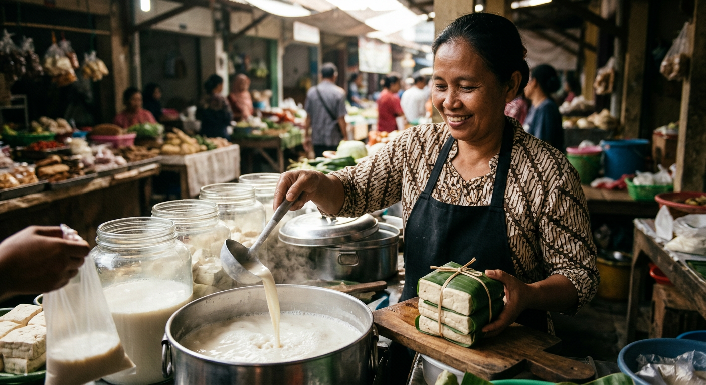 Susu kedelai tawar segar yang dijual di pasar tradisional Indonesia, sumber kalsium dan protein nabati alami tanpa laktosa.