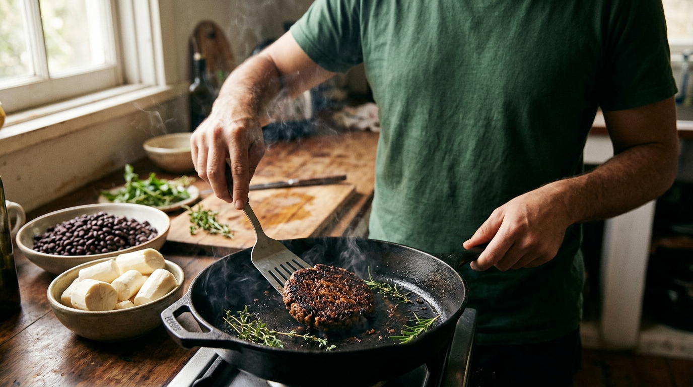 Hambúrguer artesanal de carne vegetal dourando em frigideira de ferro com ervas frescas