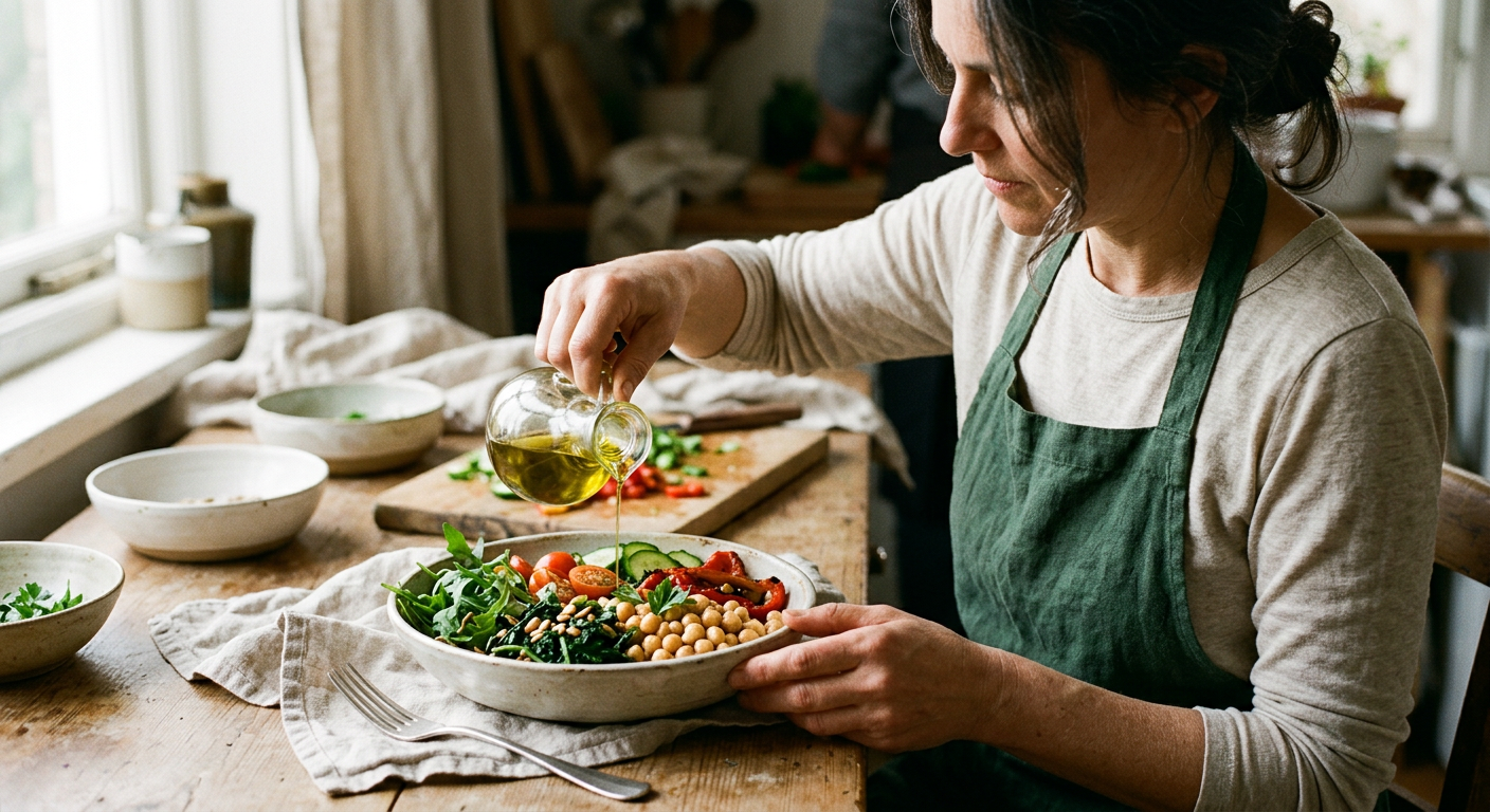 Piatto della tradizione mediterranea con ceci, verdure a foglia verde e olio extravergine d'oliva.