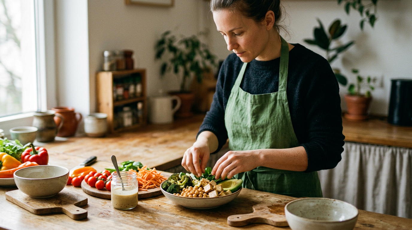 Bunte vegane Feierabendschale mit Kichererbsen, Brokkoli, Tofu und Sesamdressing