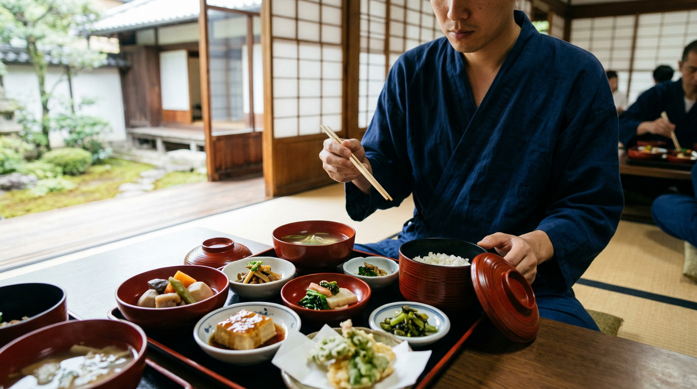 東京の伝統的な精進料理ランチに並ぶ漆器の器と色鮮やかな植物性小鉢
