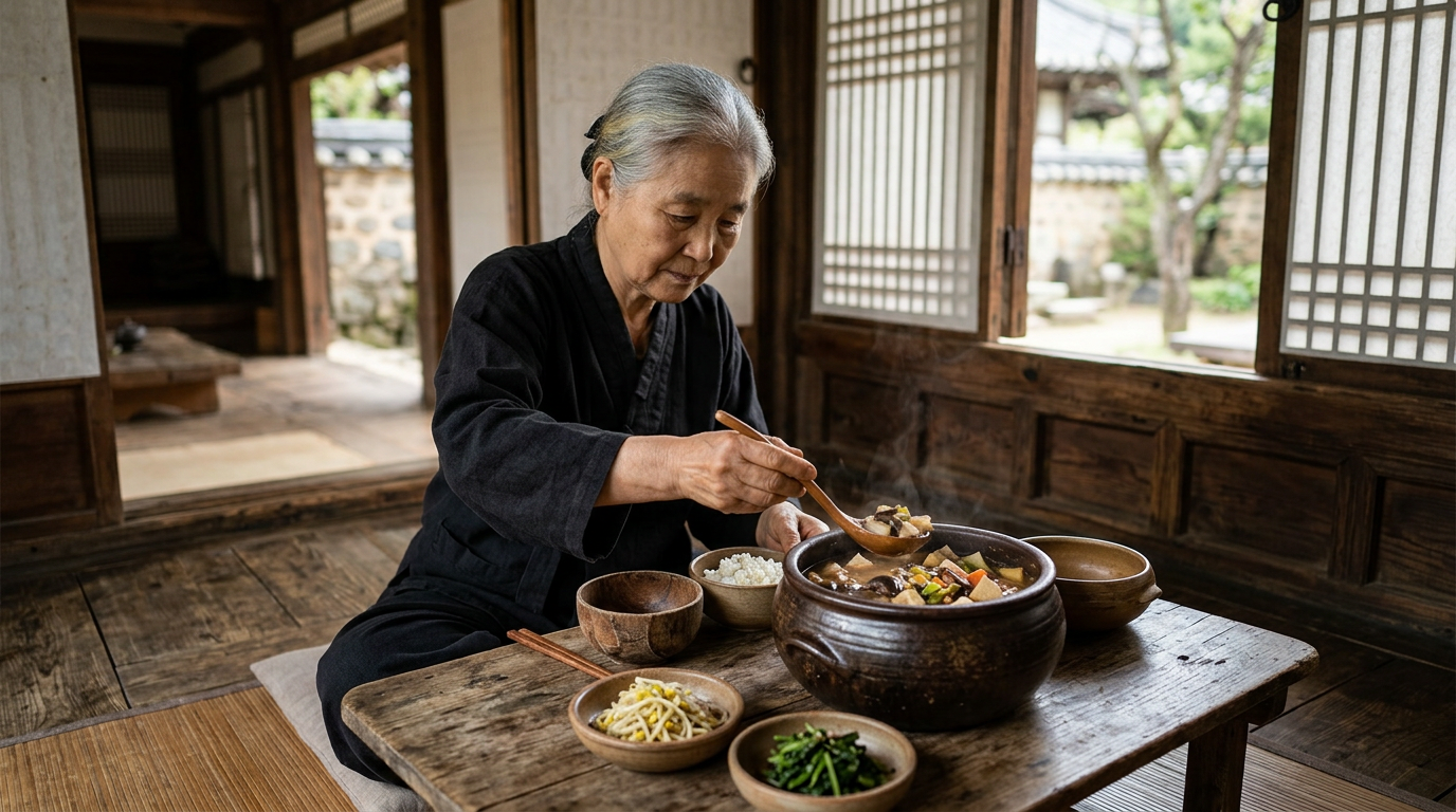 옹기와 목기에 소박하고 정갈하게 차려진 한국 전통 사찰 음식과 채식 상차림
