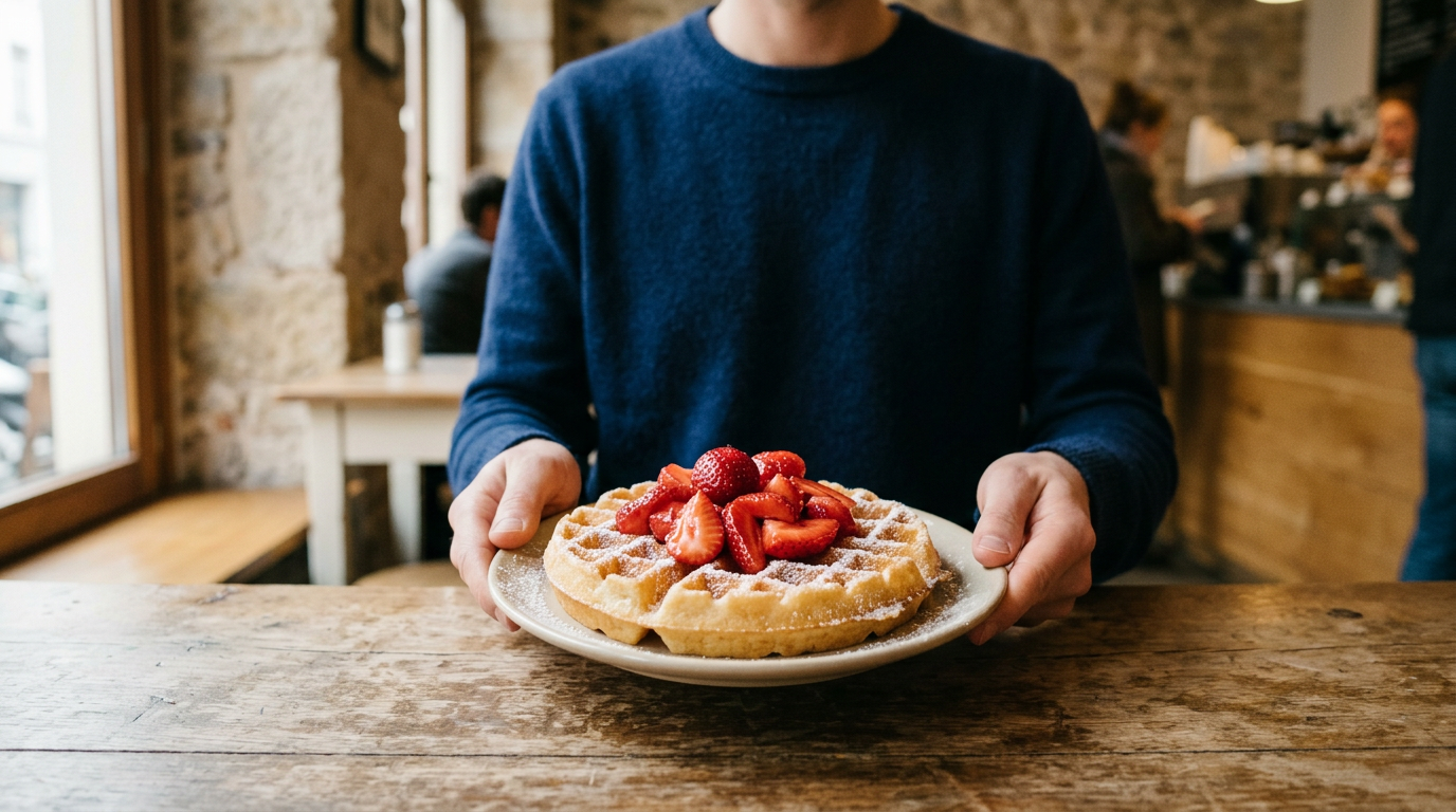Freshly baked Belgian waffle dusted with powdered sugar and topped with fresh strawberries