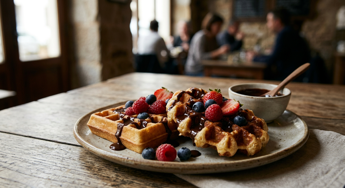 Plant-based waffles served with dark single-origin chocolate drizzle and fresh berries prevent accidental dairy ingestion.
