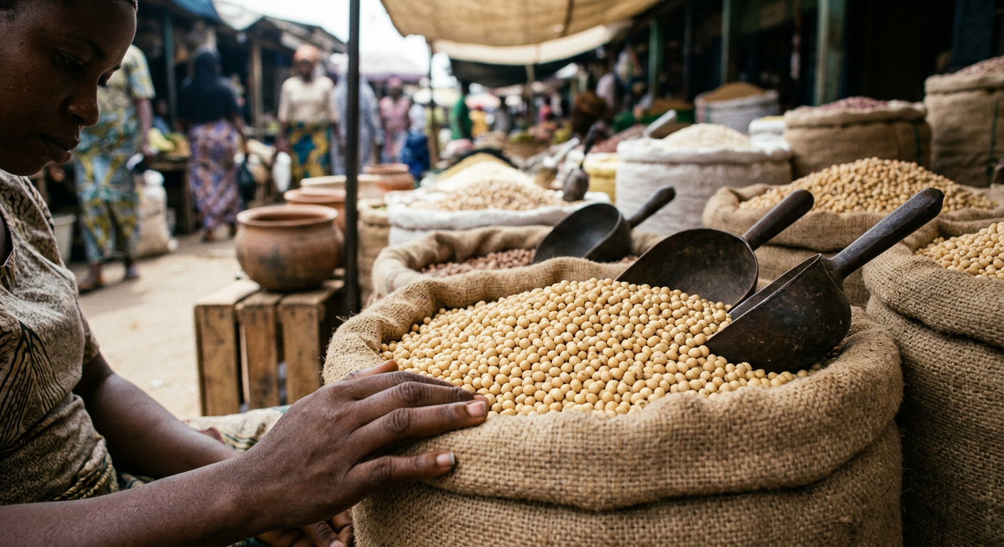Ẹ̀wà-sóyà gígẹ́gẹ́ ní àwọn ọjà ilẹ̀ Yorùbá, orísun protein tó ga jùlọ fún vegan.
