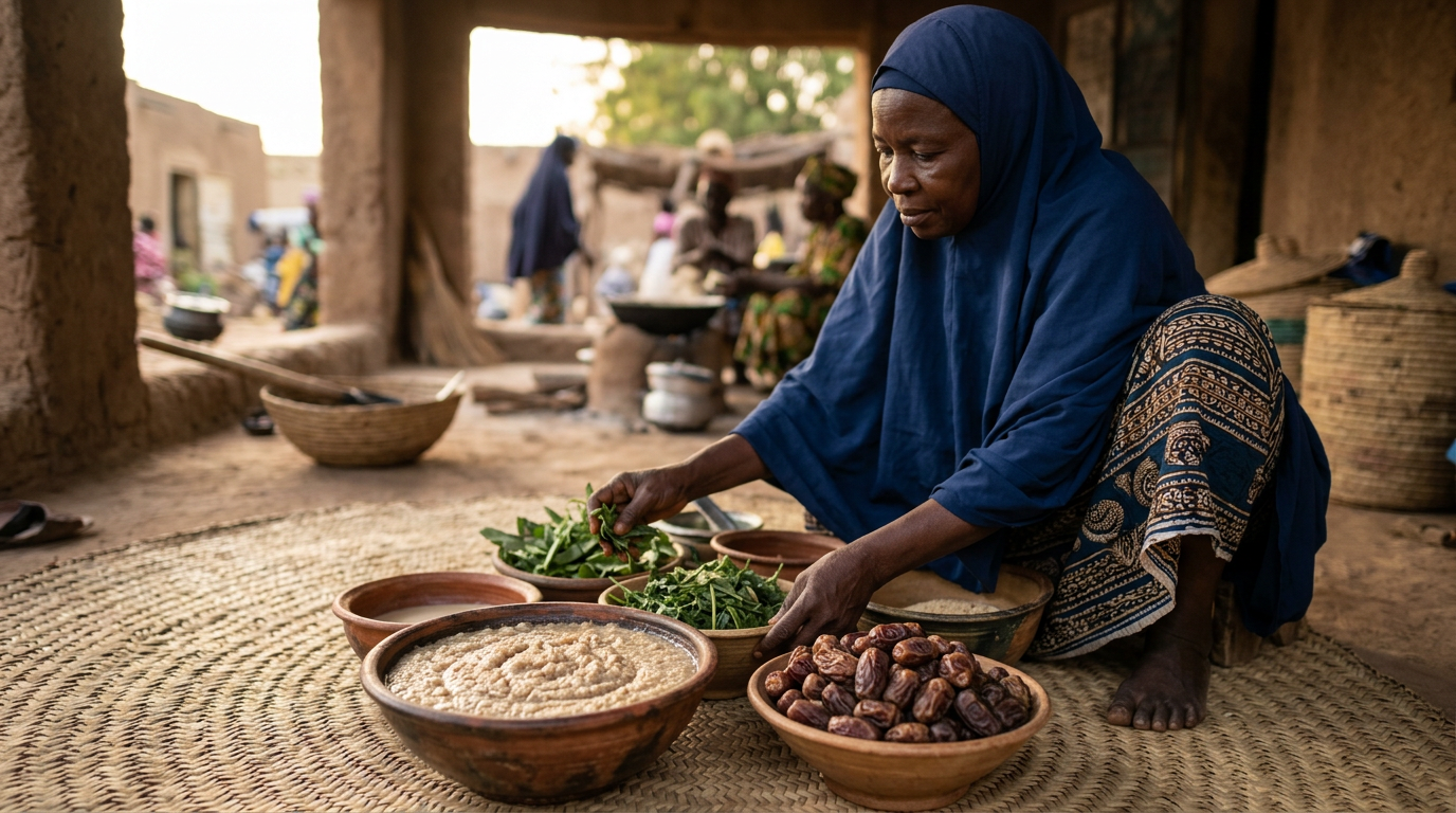 Kwanonin hatsi irin su gero da dabino da aka shirya a kan tabarma a kasar Hausa