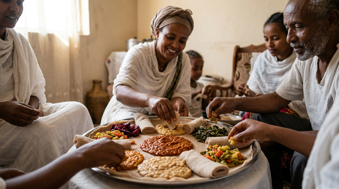 የኢትዮጵያ የፆም ምግብ በእንጀራ ላይ የቀረበ ሽሮ እና ምስር ወጥ