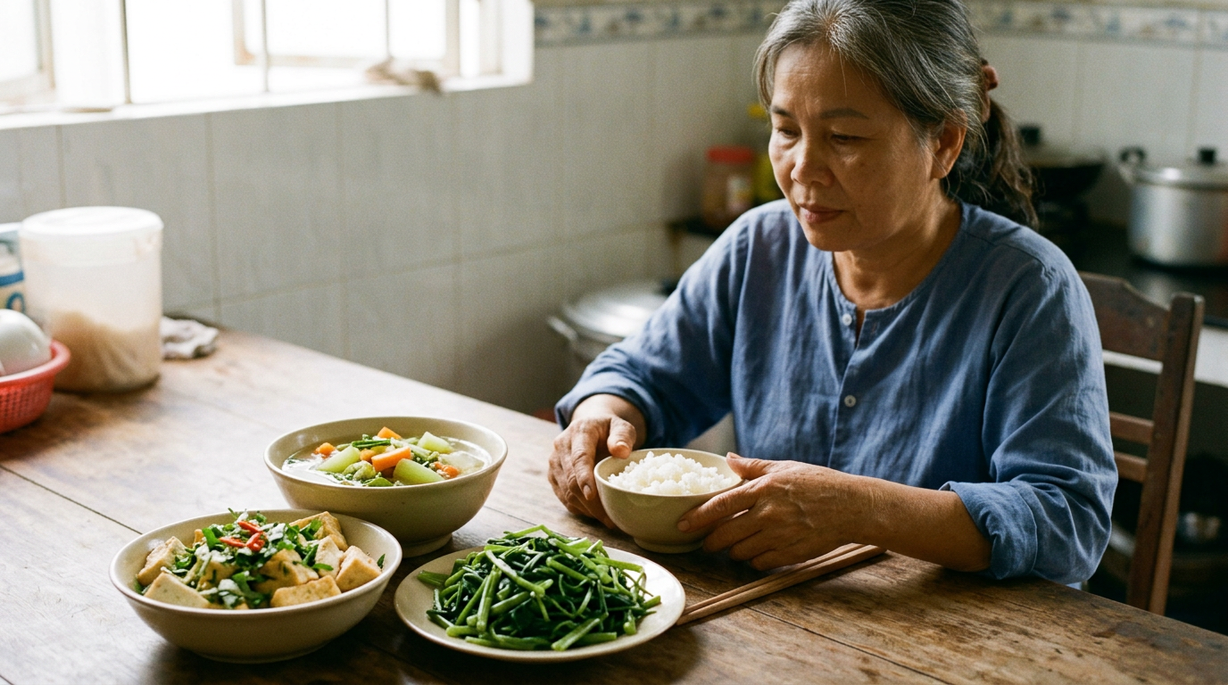 Bữa cơm chay thanh đạm truyền thống Việt Nam với đậu phụ luộc, rau muống và canh rau củ