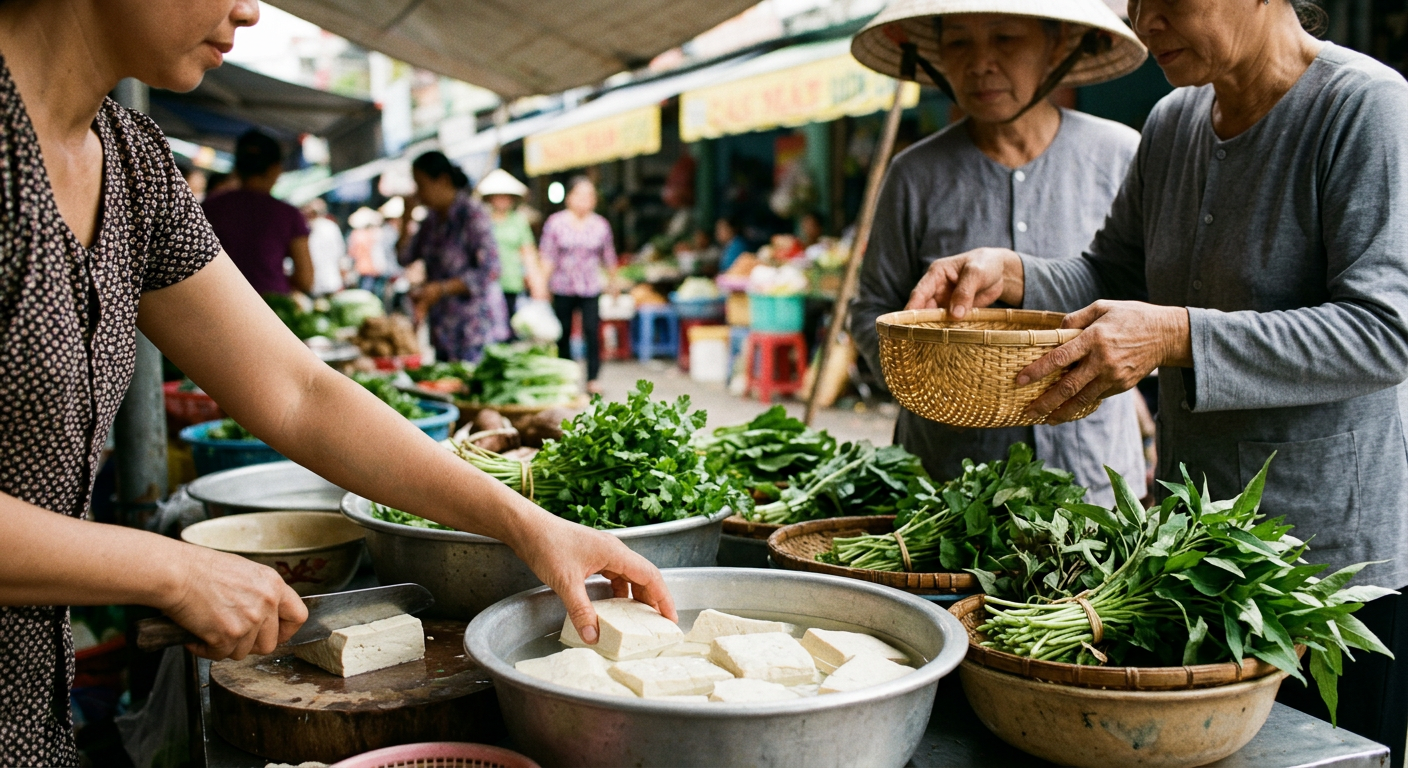Đậu hũ truyền thống và các loại rau thơm tươi ngon tại chợ quê Việt Nam cung cấp nguồn đạm và vi chất dồi dào.