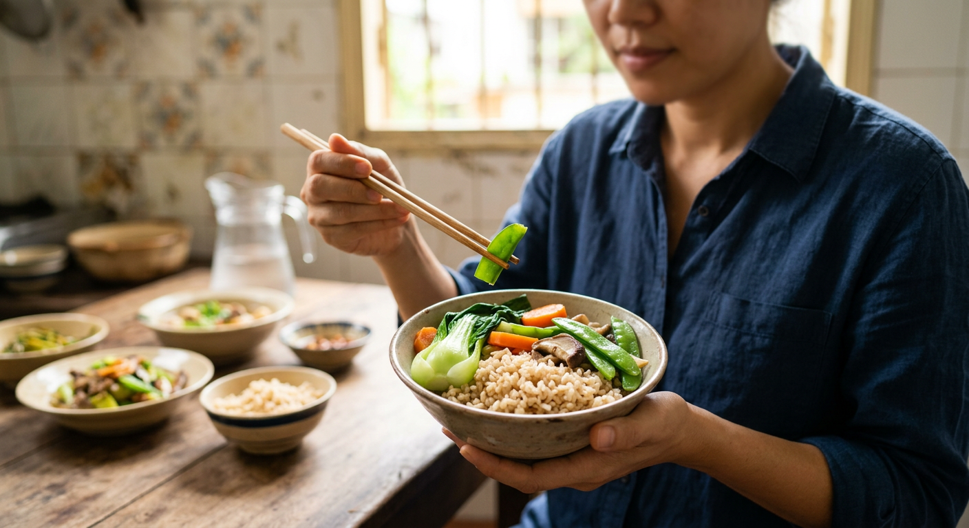 Một bát cơm gạo lứt ăn kèm rau củ hấp cung cấp tinh bột chậm và chất xơ ổn định đường huyết.