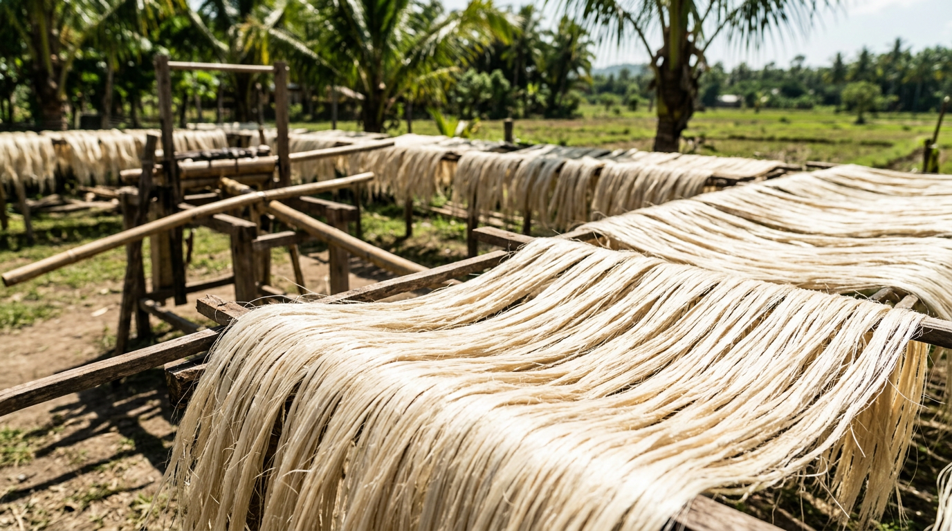 Mga hibla ng dahon ng pinya na pinatutuyo sa ilalim ng araw para sa paggawa ng telang alternatibo sa balat