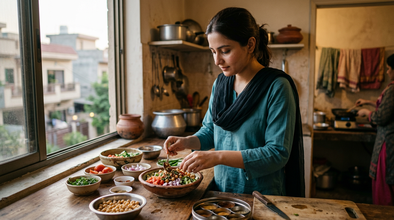 روایتی چنا چاٹ اور تازہ سبزیوں کے ساتھ تیار کردہ صحت بخش ویگن افطاری کا پیالہ
