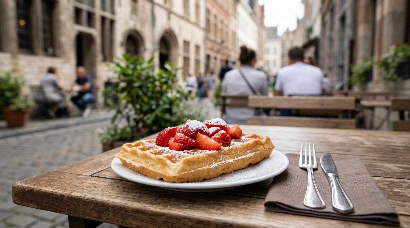 Waffle vegane e freskët e mbuluar me luleshtrydhe dhe sheqer pluhur në Bruksel