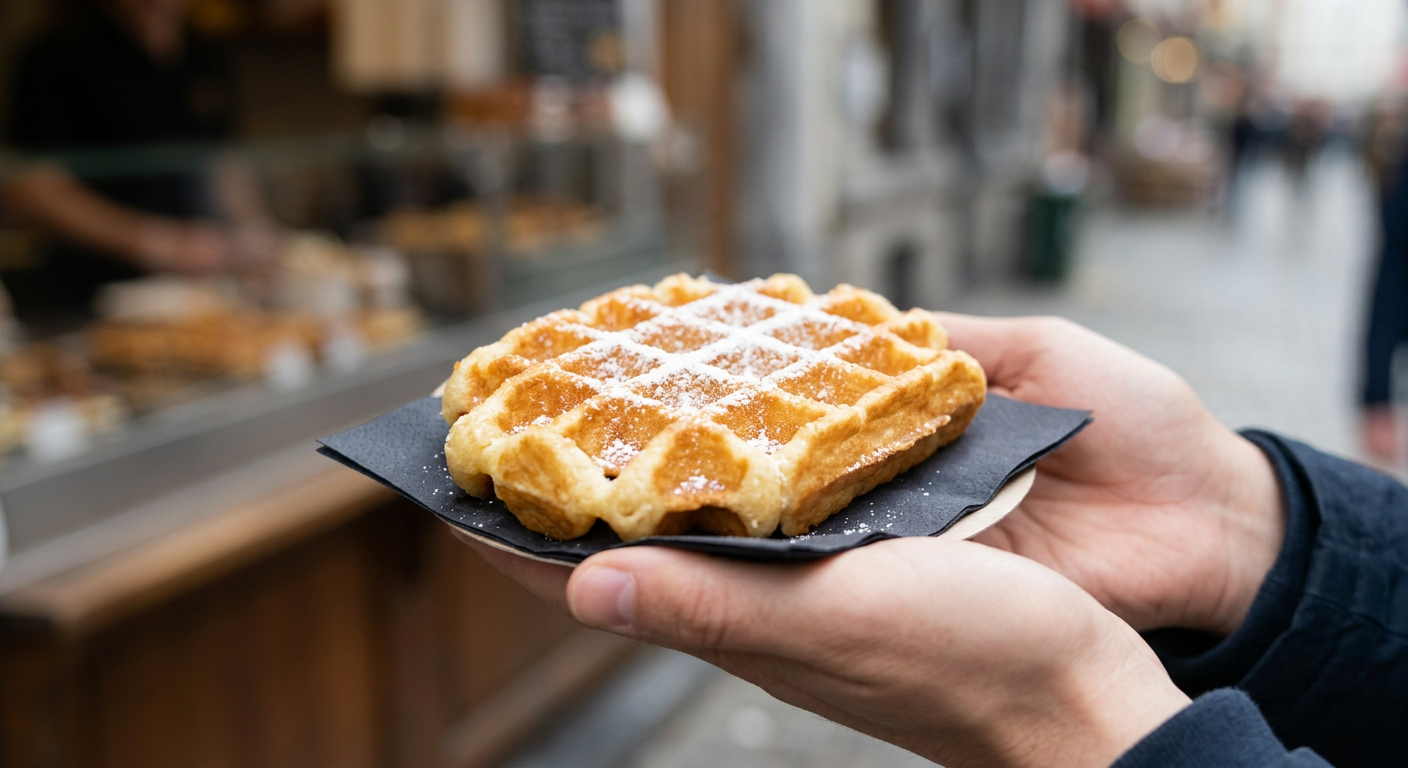 Gaufre tradicionale belge me kore të artë, e përgatitur sot tërësisht me përbërës bimorë në furrat progresive të Brukselit.
