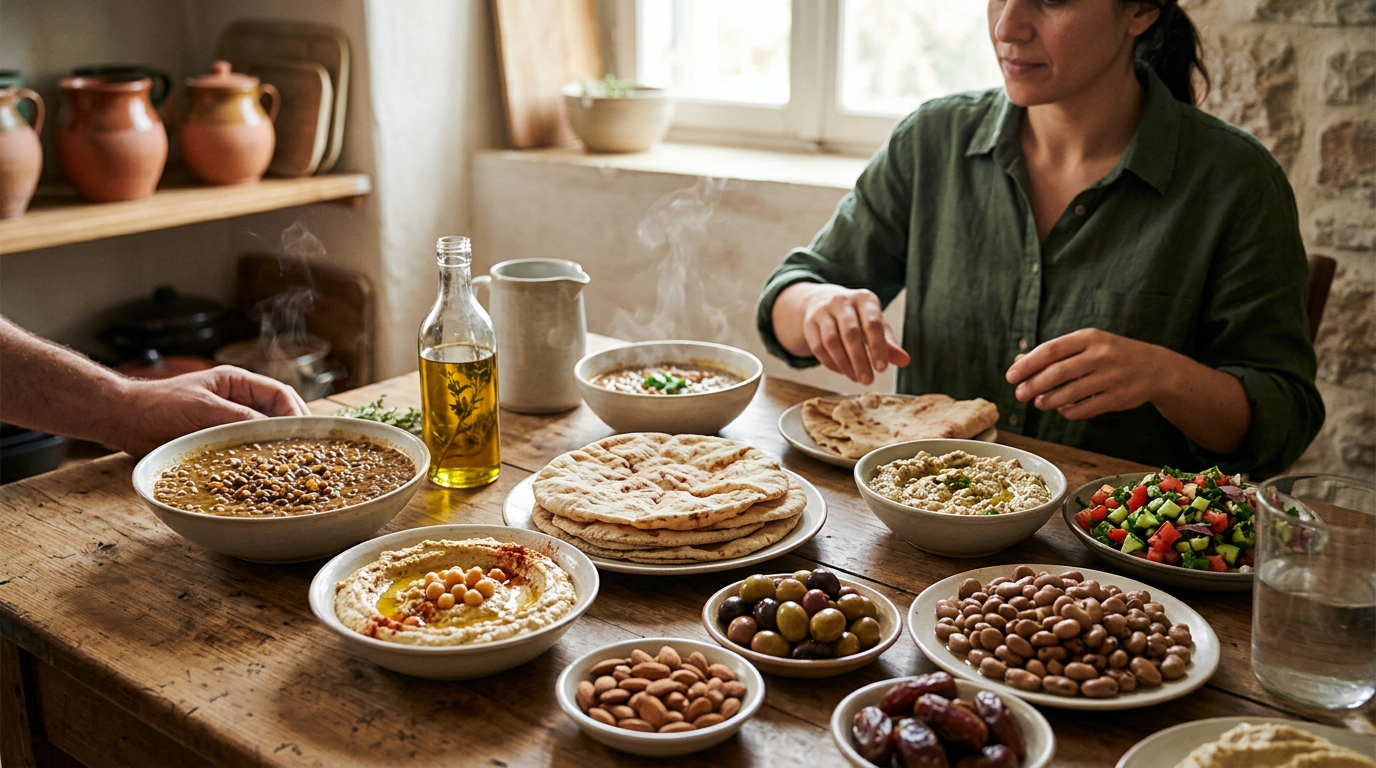 سفرة شرق أوسطية غنية بأطباق الحمص والعدس وزيت الزيتون والخبز البلدي والخضروات الطازجة