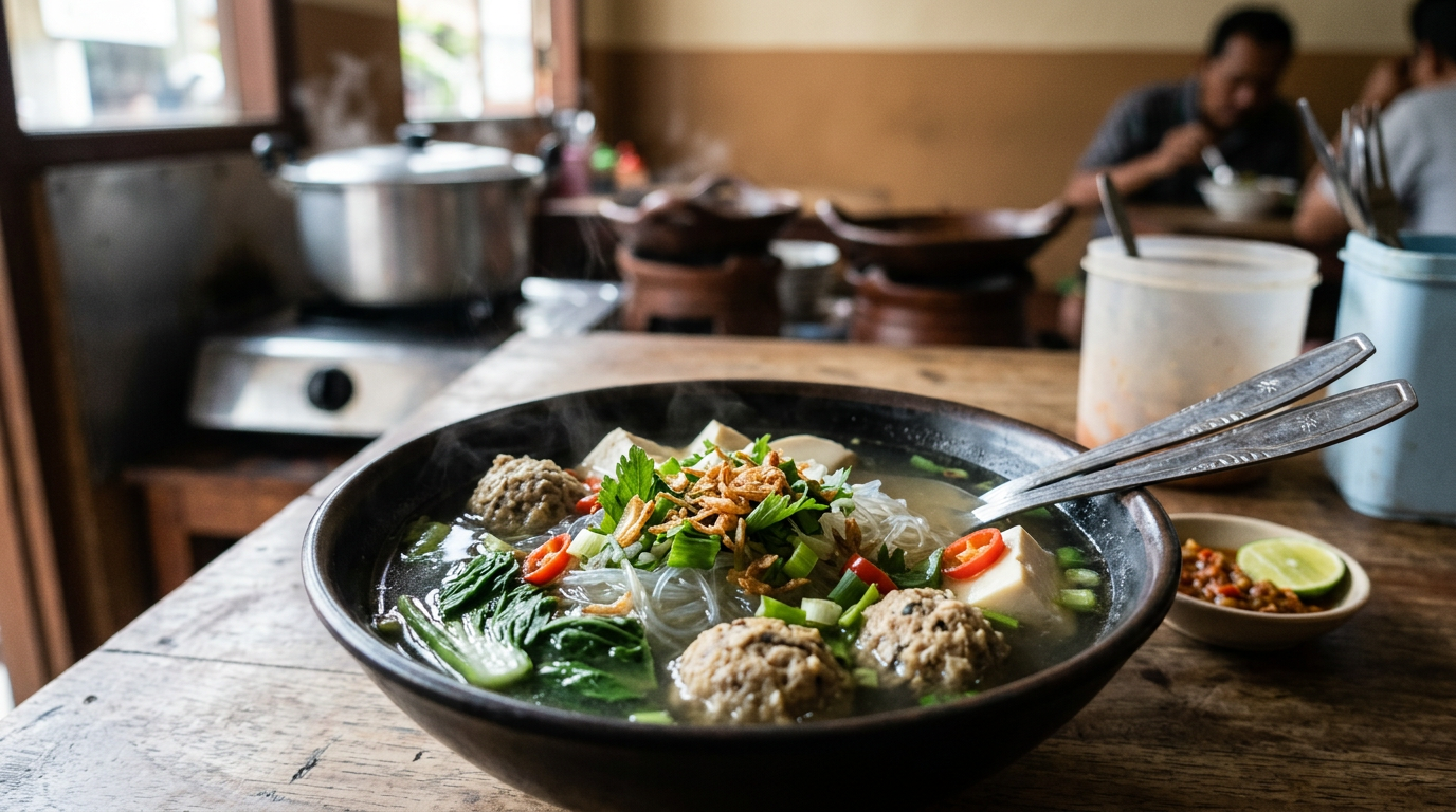 Semangkuk bakso vegan berkuah bening dengan taburan seledri, bawang goreng, dan tahu sutra di warung tradisional.