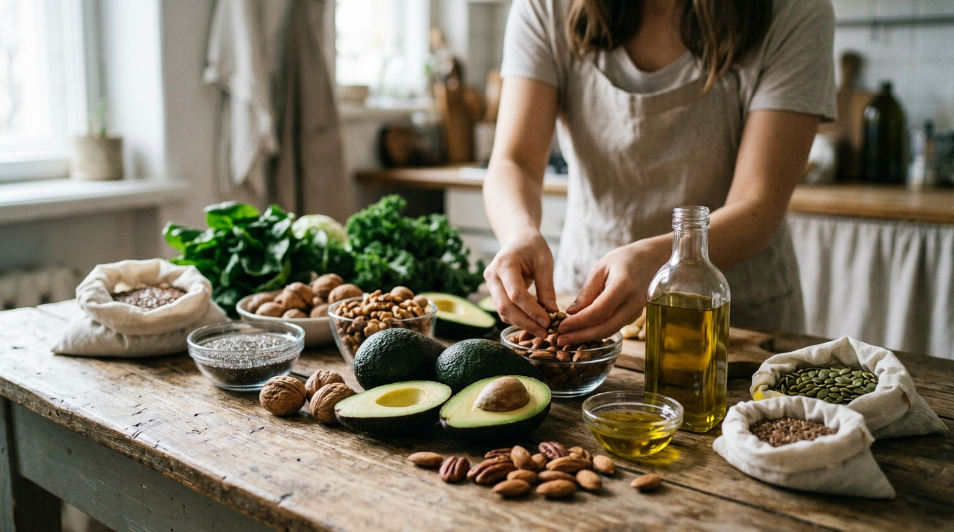 Zeytinyağı, ceviz, avokado ve tohumlardan oluşan bitkisel ketojenik besinler