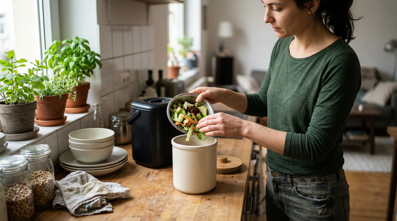 Recipiente compacto de compostaje sobre encimera de cocina con restos vegetales