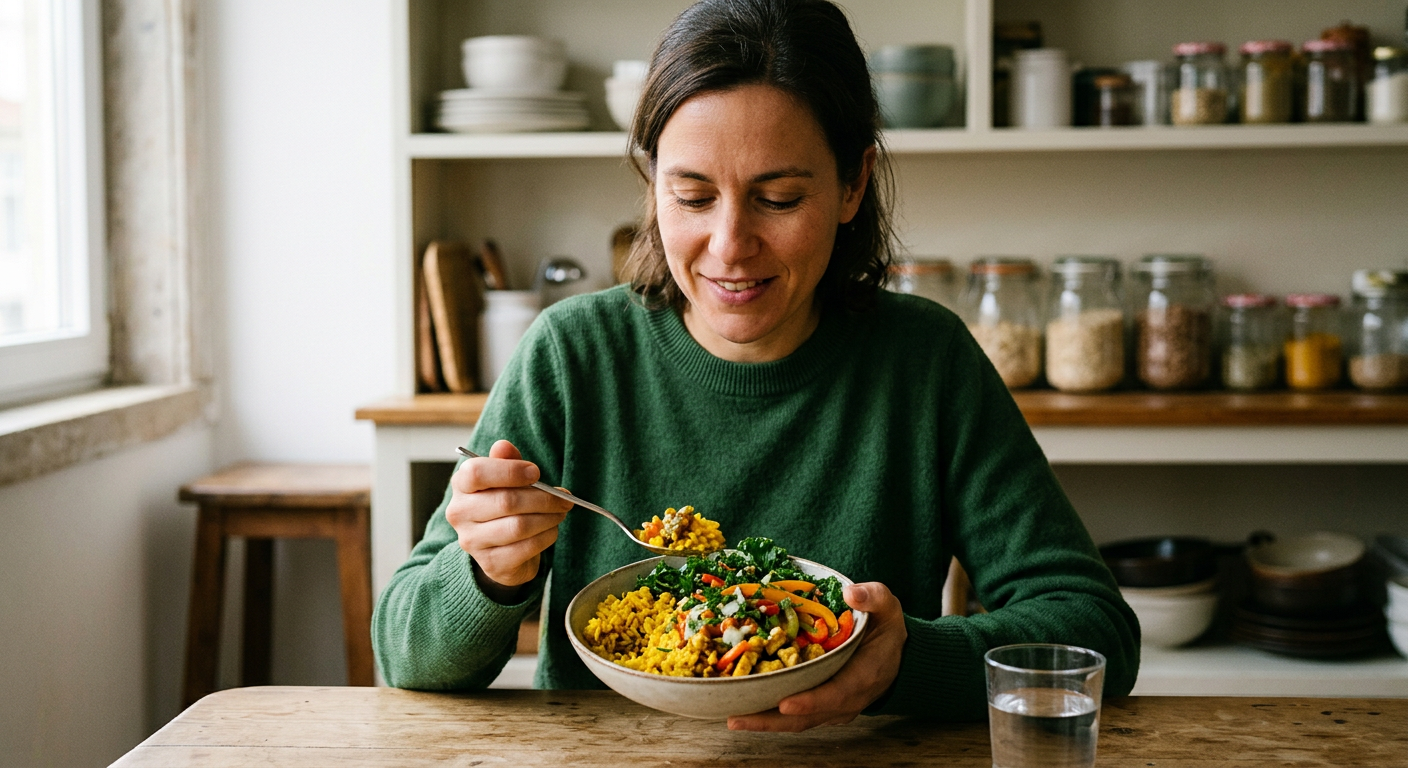 Arroz enriquecido com açafrão e fermentação de carbono, acompanhado de vegetais frescos.