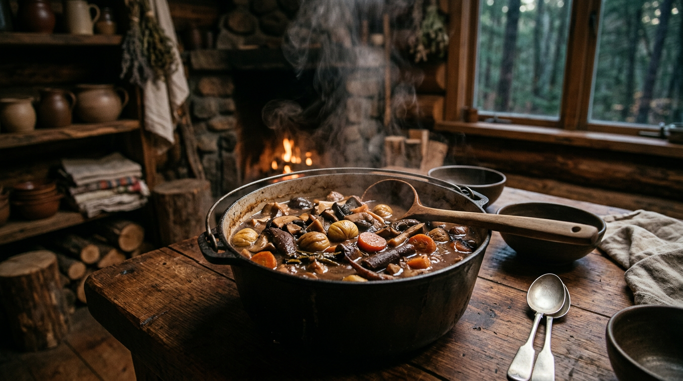 Marmite en fonte avec un civet végétal fumant aux champignons sauvages, marrons et carottes glacées