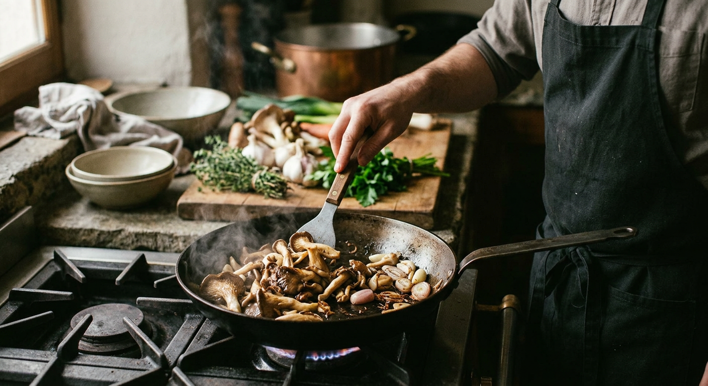 Saisie à vif des pleurotes pour déclencher la réaction de Maillard avant le mijotage.