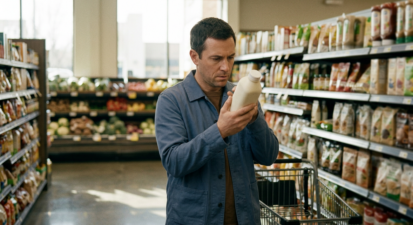 Consumatore che esamina le etichette nutrizionali tra gli scaffali di un supermercato moderno