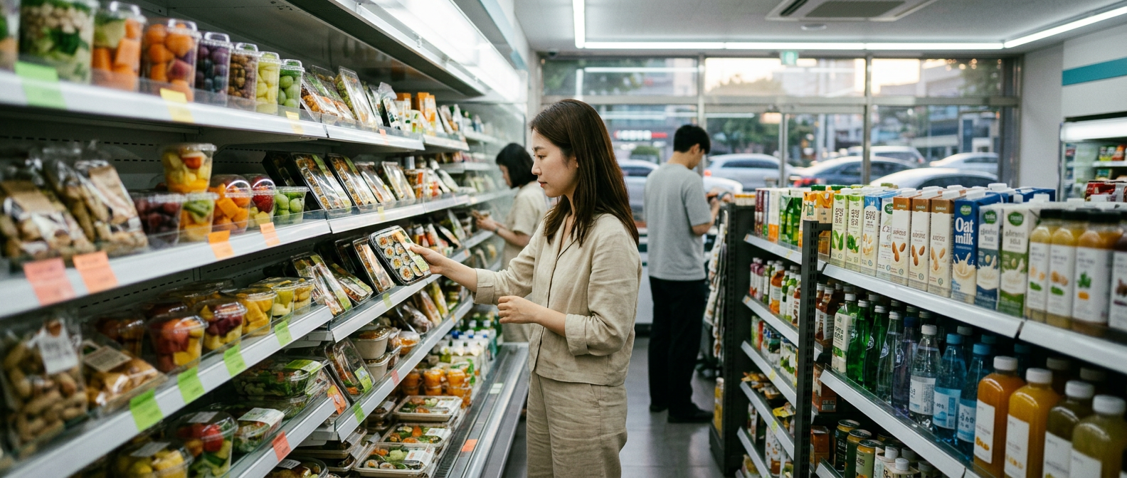다양한 음료와 간편식이 깔끔하게 진열된 도심 편의점 매대