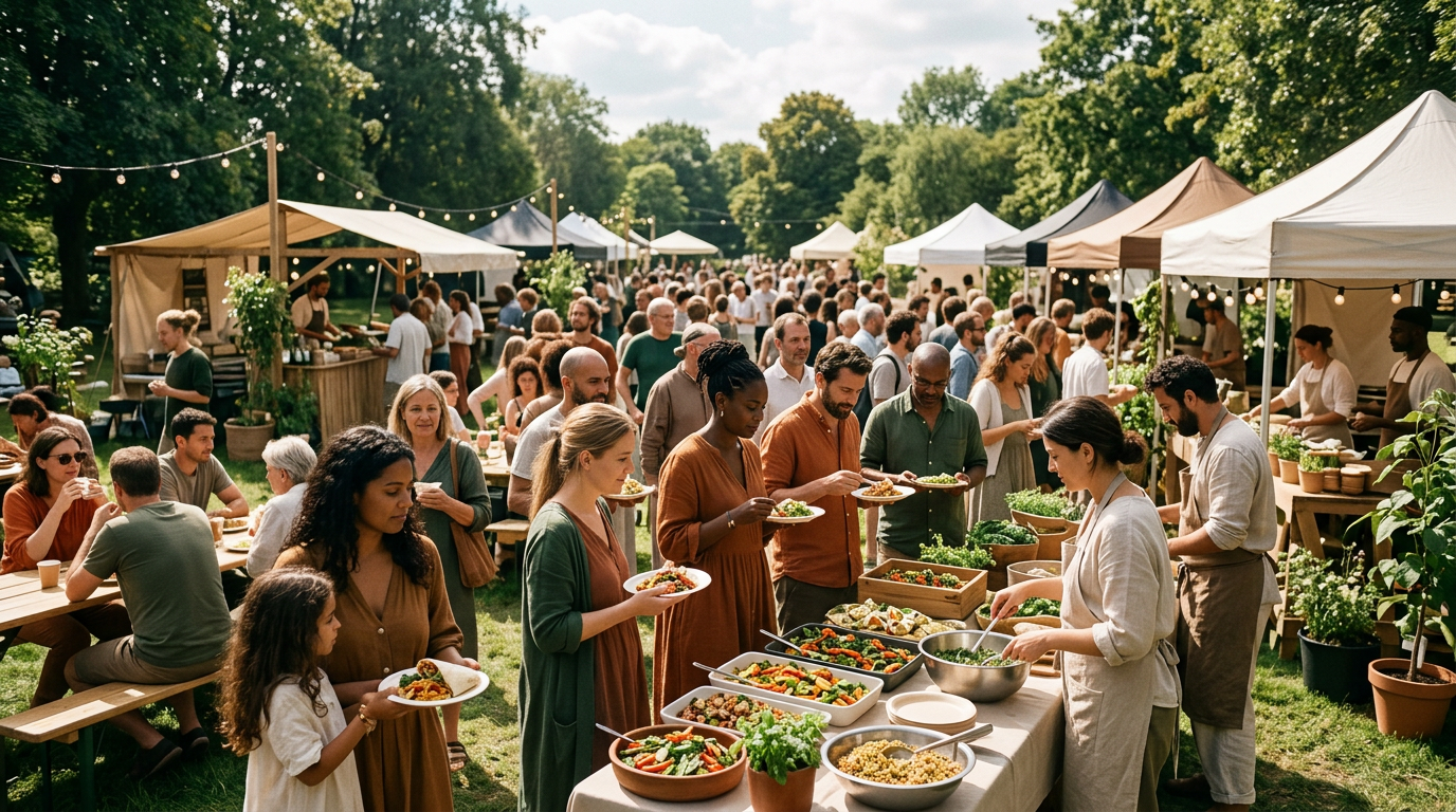 Crowd of diverse attendees gathering at an outdoor communal plant-based food event with market stalls