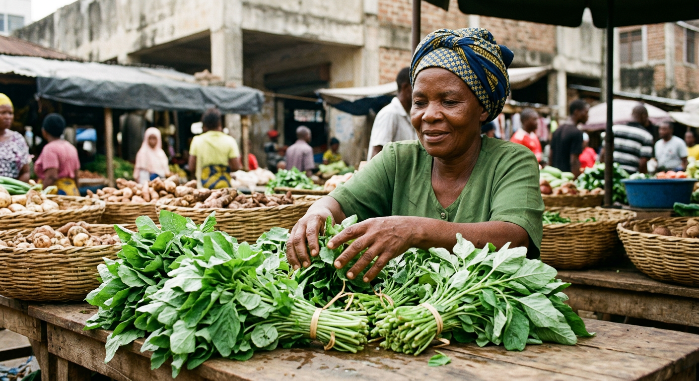 Mchicha mbichi wenye majani safi katika soko la Kariakoo, chanzo kikuu cha madini ya chuma na nyuzi lishe.