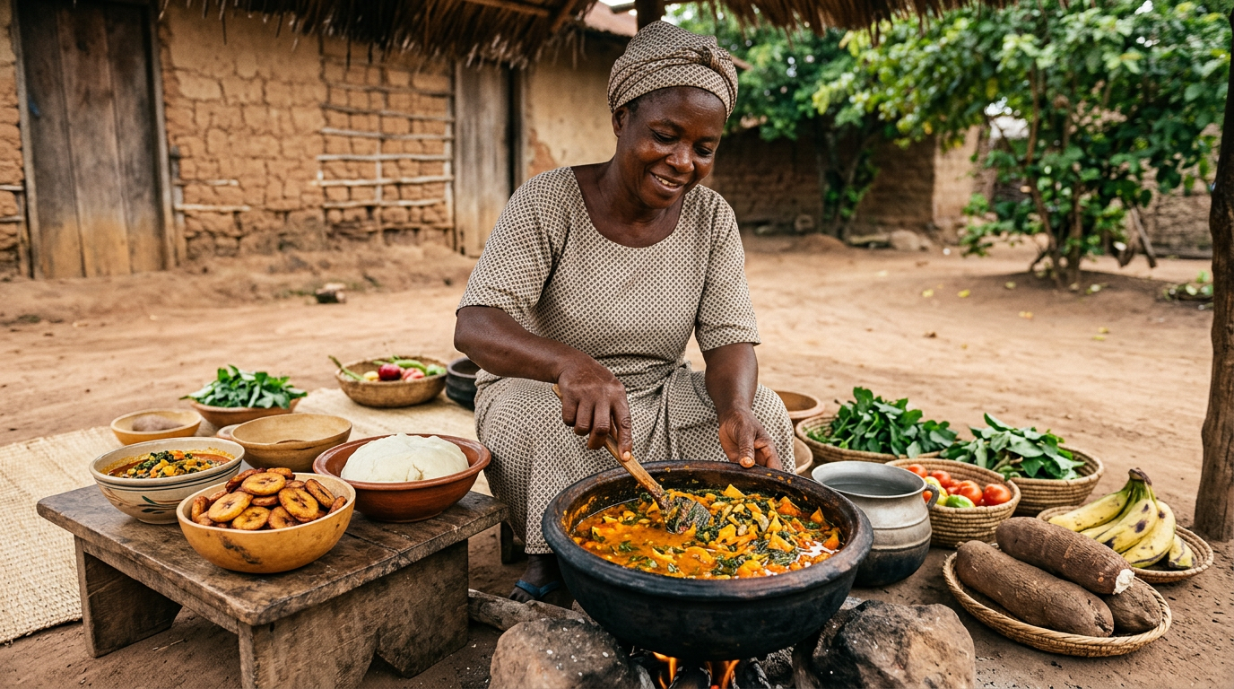 Oúnjẹ ewéko ti ilẹ̀ Yorùbá pẹ̀lú iṣu, dodo àti ọbẹ̀ èfọ́ elépo tí a sè láìsí ẹran
