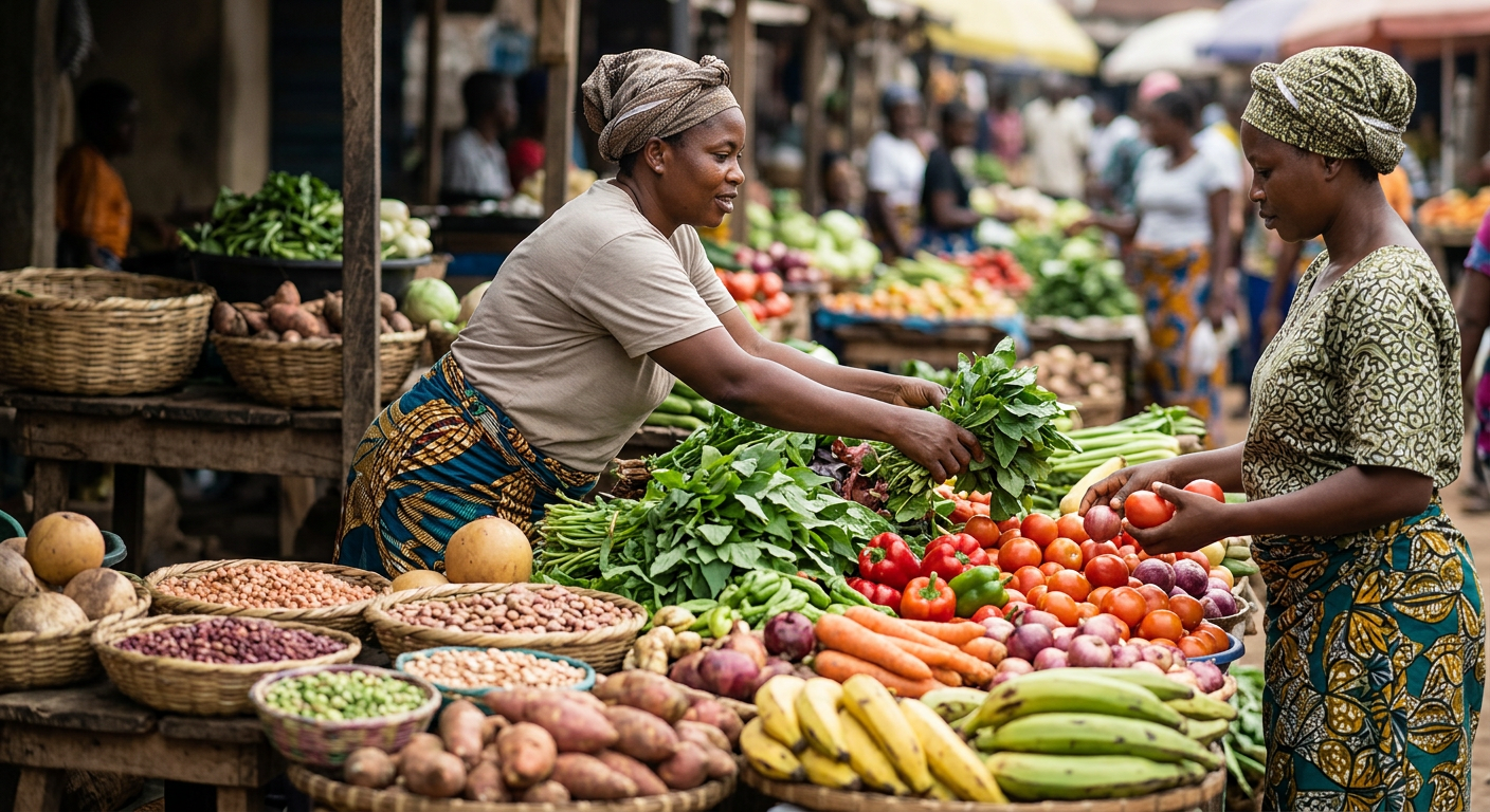 Ọjà ewébẹ̀ àti èso ní ilẹ̀ Yorùbá kún fún oríṣiríṣi oúnjẹ aṣaralóore tó péye fún ètò vegan.