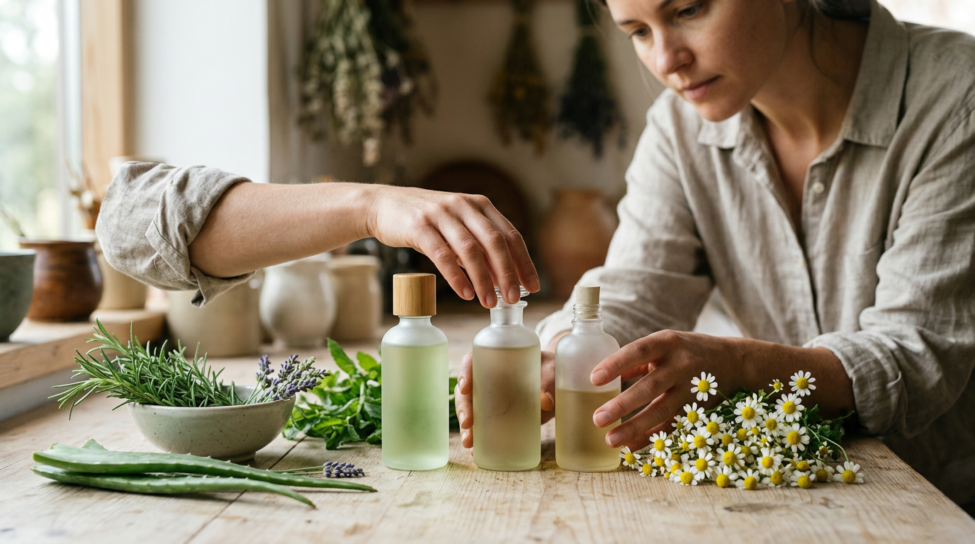 Các chai mỹ phẩm thuần chay chiết xuất từ thực vật tự nhiên đặt cạnh thảo mộc tươi
