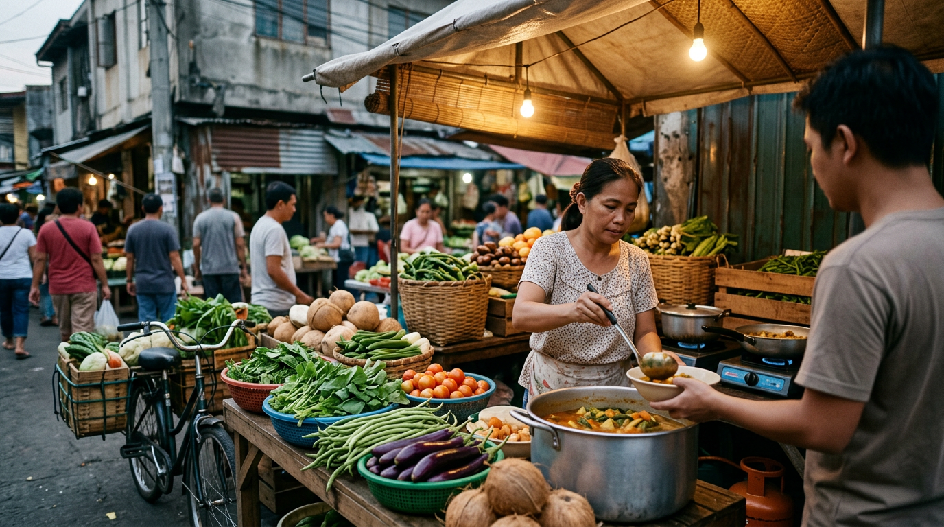 Tindahan ng mga sariwang gulay at lokal na lutuin sa palengke sa Maynila