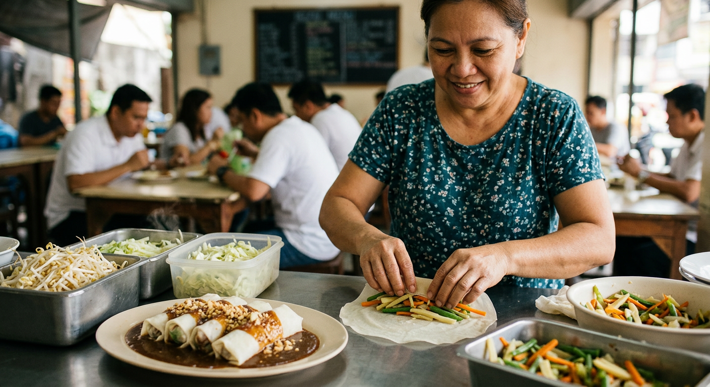 Ang lumpiang sariwa na walang karne ay isa sa mga pinakasikat na pagkaing halaman sa mga lokal na kainan.