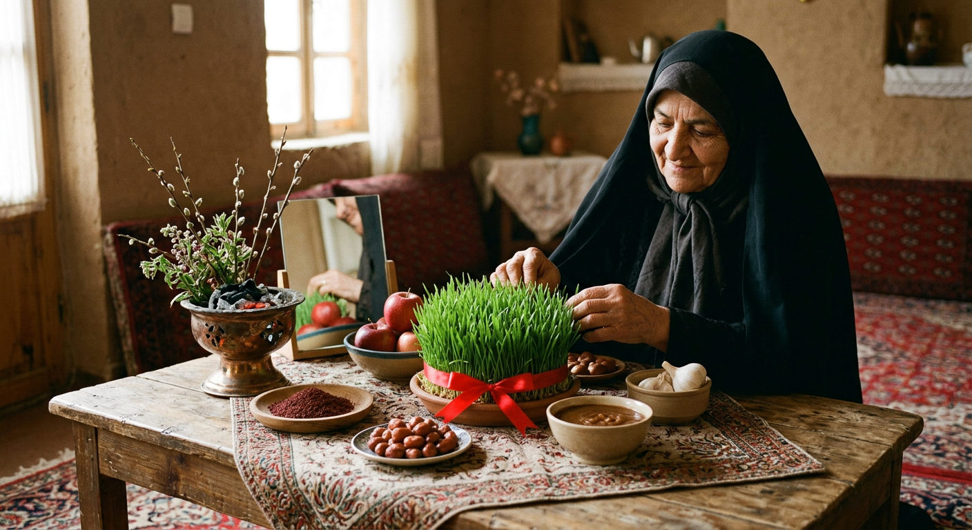 میز هفتسین سنتی با نشانههای سبزی و رویش، گواه تعلق تاریخی نوروز به رویش نباتی است.
