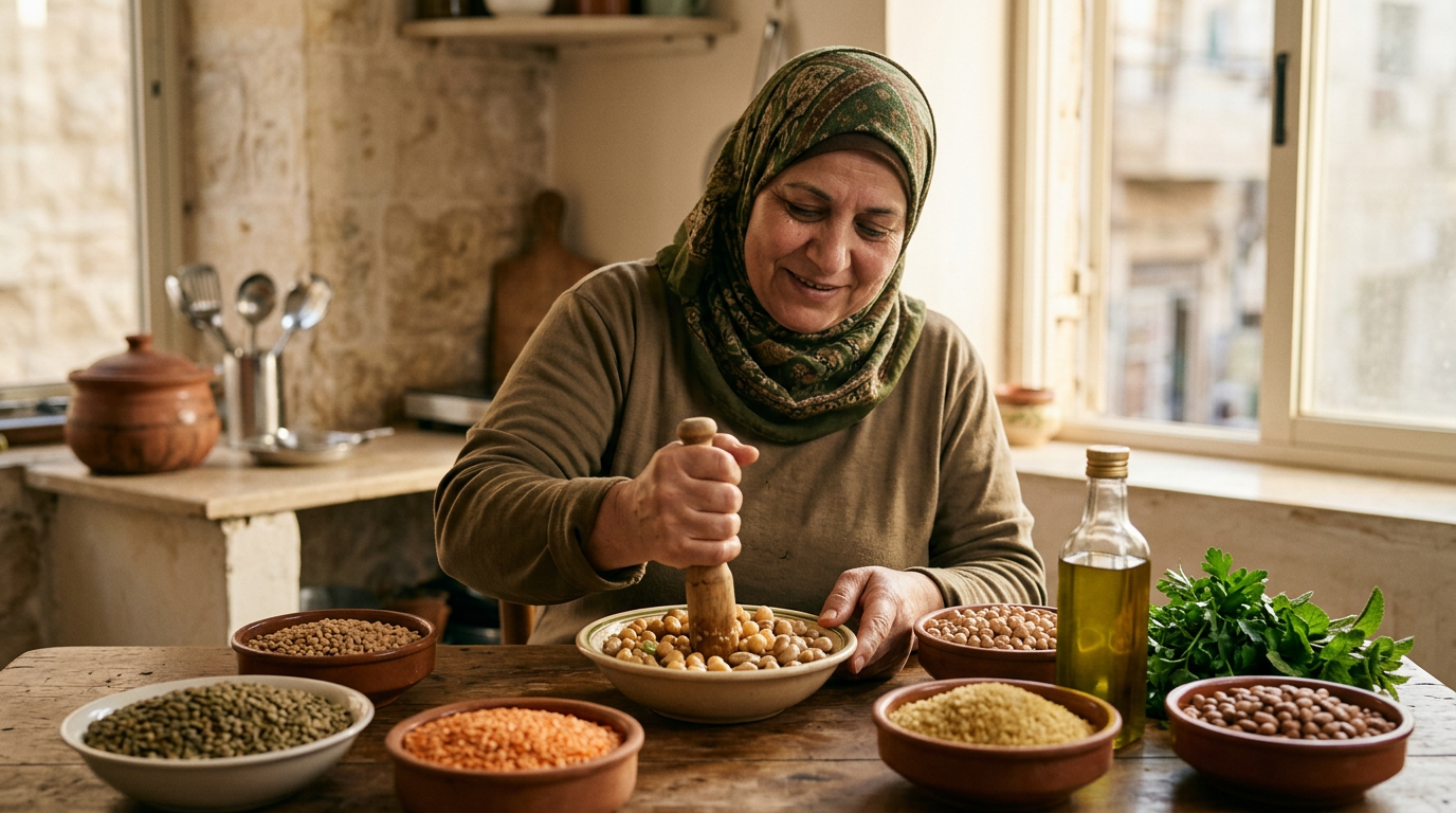 حبوب وبقوليات وزيت زيتون في أطباق تقليدية تعكس المطبخ النباتي الشرق أوسطي